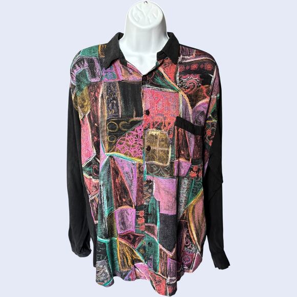 Flip Flop abstract art print button front shirt black sleeves 90s drapey L - Picture 1 of 4